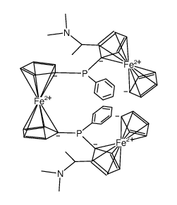 1,1'-bis-[((1-N,N-dimethylamino)ethylferrocenyl)-(phenylphosphino)]ferrocene Structure