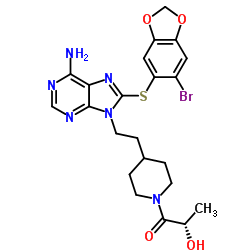 (2S)-1-[4-[2-[6-amino-8-[(6-bromo-1,3-benzodioxol-5-yl)sulfanyl]purin-9-yl]ethyl]piperidin-1-yl]-2-hydroxypropan-1-one structure