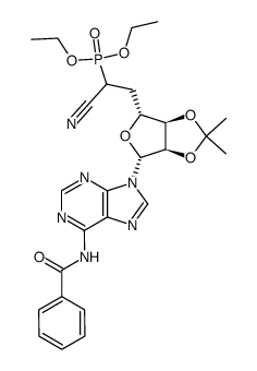 1-(6-benzoylamino-purin-9-yl)-6-diethoxyphosphoryl-O2,O3-isopropylidene-1,5,6-trideoxy-heptofuranurononitrile Structure