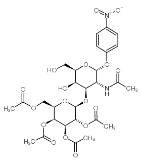4-硝基苯基-2-乙酰氨基-3-O-(2-乙酰氨基-3,4,6-三-O-乙酰基-2-脱氧-β-D-吡喃半乳糖苷)-2-脱氧-α-D-半乳糖苷结构式