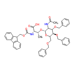 (2S,3R)-3-({(2S,5R)-3-Acetamido-4,5-bis(benzyloxy)-6-[(benzyloxy)methyl]tetrahydro-2H-pyran-2-yl}oxy)-2-{[(9H-fluoren-9-ylmethoxy)carbonyl]amino}butanoic acid (non-preferred name) Structure