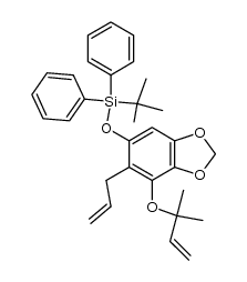 ((6-allyl-7-((2-methylbut-3-en-2-yl)oxy)benzo[d][1,3]dioxol-5-yl)oxy)(tert-butyl)diphenylsilane结构式