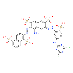2-[[1-amino-7-[[5-[(4,6-dichloro-1,3,5-triazin-2-yl)amino]-2-sulphophenyl]azo]-8-hydroxy-3,6-disulpho-2-naphthyl]azo]naphthalene-1,5-disulphonic acid structure