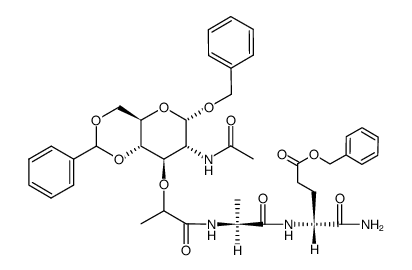 benzyl 2-acetamido-2-deoxy-4,6-O-benzylidene-3-O-(D-2-propanoyl-L-alanyl-D-isoglutamine benzyl ester)-α-D-glucopyranoside结构式