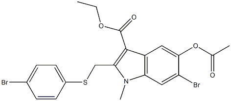 乙基 5-乙酰氧基-6-溴-2-((4-溴苯基硫代)甲基)-1-甲基-1H-吲哚-3-羧酸酯结构式