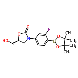 (5R)-3-[3-氟-4-(4,4,5,5-四甲基-1,3,2-二氧杂环戊硼烷-2-基)苯基]-5-(羟基甲基)-2-恶唑烷酮结构式