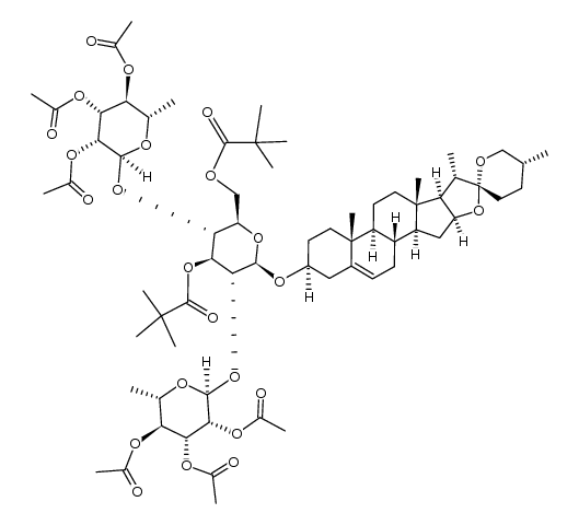 diosgenin-3β-yl (2,3,4-tri-O-acetyl-α-L-rhamnopyranosyl)-(1->4)-[(2,3,4-tri-O-acetyl)-α-L-rhamnopyranosyl)-(1->2)]-3,6-di-O-pivaloyl-β-D-glucopyranoside Structure