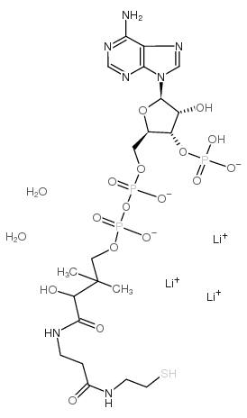 trilithium,[5-(6-aminopurin-9-yl)-4-hydroxy-2-[[[[3-hydroxy-2,2-dimethyl-4-oxo-4-[[3-oxo-3-(2-sulfanylethylamino)propyl]amino]butoxy]-oxidophosphoryl]oxy-oxidophosphoryl]oxymethyl]oxolan-3-yl] hydrogen phosphate,dihydrate Structure