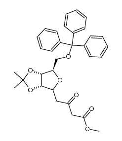 methyl 4-((3aS,6R,6aR)-2,2-dimethyl-6-((trityloxy)methyl)tetrahydrofuro[3,4-d][1,3]dioxol-4-yl)-3-oxobutanoate结构式