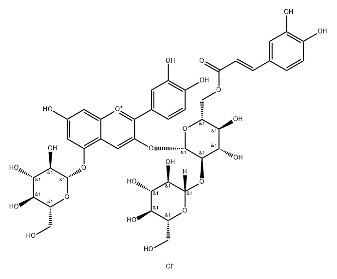 矢车菊素-3-O-(6-O-反式-咖啡酰-2-O-Β-葡萄糖苷-Β-葡萄糖苷)-5-O-Β-葡萄糖苷结构式
