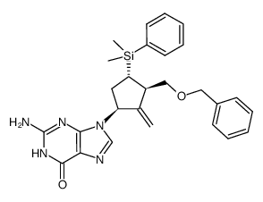 2-amino-9-((1S,3R,4S)-3-((benzyloxy)methyl)-4-(dimethyl(phenyl)silyl)-2-methylenecyclopentyl)-1H-purin-6(9H)-one structure