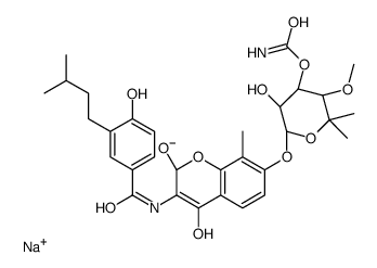 sodium,7-[(2S,3R,4S,5R)-4-carbamoyloxy-3-hydroxy-5-methoxy-6,6-dimethyloxan-2-yl]oxy-4-hydroxy-3-[[4-hydroxy-3-(3-methylbutyl)benzoyl]amino]-8-methyl-2H-chromen-2-olate结构式