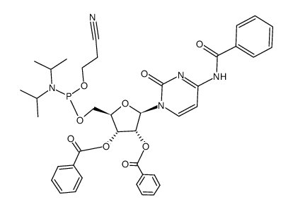 N4-benzoyl-2',3'-O-dibenzoylcytidine-5'-O-[β-cyanoethyl-N,N-diisopropyl]-phosphoramidite结构式