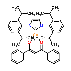 [1,3-双(2,6-二异丙基苯基)咪唑-2-甲叉基](1,3-二苯基-1,3-丙二酮基)铜(I)结构式