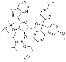 9-[5-O-[二(4-甲氧基苯基)苯基甲基]-3-O-[[二异丙基氨基](2-氰基乙氧基)膦基]-2-O-[(叔丁基)二甲基硅烷基]-BETA-D-呋喃核糖基]-9H-嘌呤结构式
