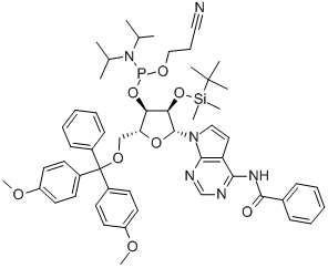N-[7-[5-O-[二(4-甲氧基苯基)苯基甲基]-3-O-[[二异丙基氨基](2-氰基乙氧基)膦基]-2-O-[(叔丁基)二甲基硅烷基]-BETA-D-呋喃核糖基]-7H-吡咯并[2,3-D]嘧啶-4-基]苯甲酰胺结构式