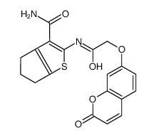 5,6-二氢-2-[[2-[(2-氧代-2H-1-苯并吡喃-7-基)氧基]乙酰基]氨基]- 4H-环戊并[b]噻吩-3-羧酰胺结构式