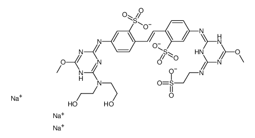 trisodium,2-[(E)-2-[4-[[4-[bis(2-hydroxyethyl)amino]-6-methoxy-1,3,5-triazin-2-yl]amino]-2-sulfonatophenyl]ethenyl]-5-[[4-methoxy-6-(2-sulfonatoethylamino)-1,3,5-triazin-2-yl]amino]benzenesulfonate Structure
