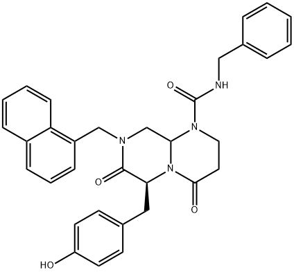 2H-Pyrazino[1,2-a]pyrimidine-1(6H)-carboxamide, hexahydro-6-[(4-hydroxyphenyl)methyl]-8-(1-naphthalenylmethyl)-4,7-dioxo-N-(phenylmethyl)-, (6S)- Structure