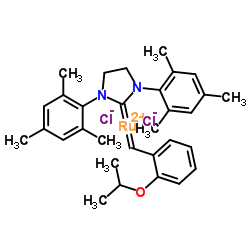 (1,3-双(2,4,6-三甲基苯基)-2-咪唑烷亚基)二氯(邻异丙氧基苯亚甲基)合钌结构式