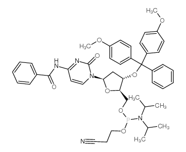 N-苯甲酰基-5’-O-[(二异丙基氨)-(2-氰基乙氧基)氧磷基]-3’-O-(4,4’-二甲氧基三苯甲基)-2’-脱氧胞啶结构式