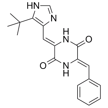 (3Z,6Z)-3-[(5-叔丁基-1H-咪唑-4-基)亚甲基]-6-(苯亚甲基)-2,5-哌嗪二酮结构式