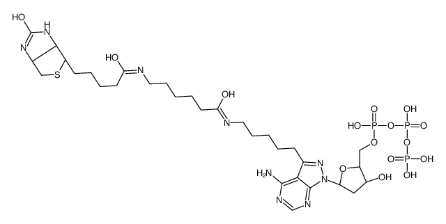 3-(5-((N-biotinyl-6-aminocaproyl)amino)pentyl)-1-(2-deoxyerythropentofuranosyl)-1H-pyrazolo(3,4-d)pyrimidin-4-amine-5'-triphosphate Structure