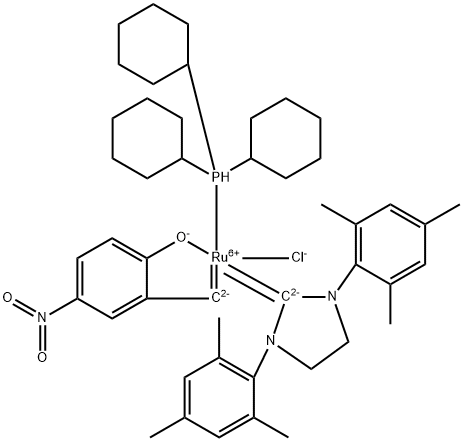 [1,3-Bis(2,4,6-trimethylphenylimidazolidin-2-ylidene)(tricyclohexylphosphine)-(2-oxo-5-nitrobenzylidene)ruthenium(II) chloride Nitro-LatMet Structure