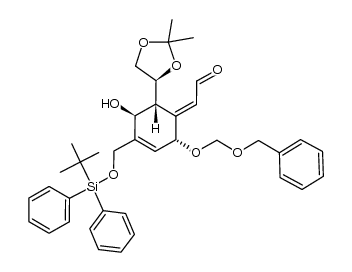(E)-2-((2R,5S,6R)-2-((benzyloxy)methoxy)-4-(((tert-butyldiphenylsilyl)oxy)methyl)-6-((S)-2,2-dimethyl-1,3-dioxolan-4-yl)-5-hydroxycyclohex-3-en-1-ylidene)acetaldehyde结构式