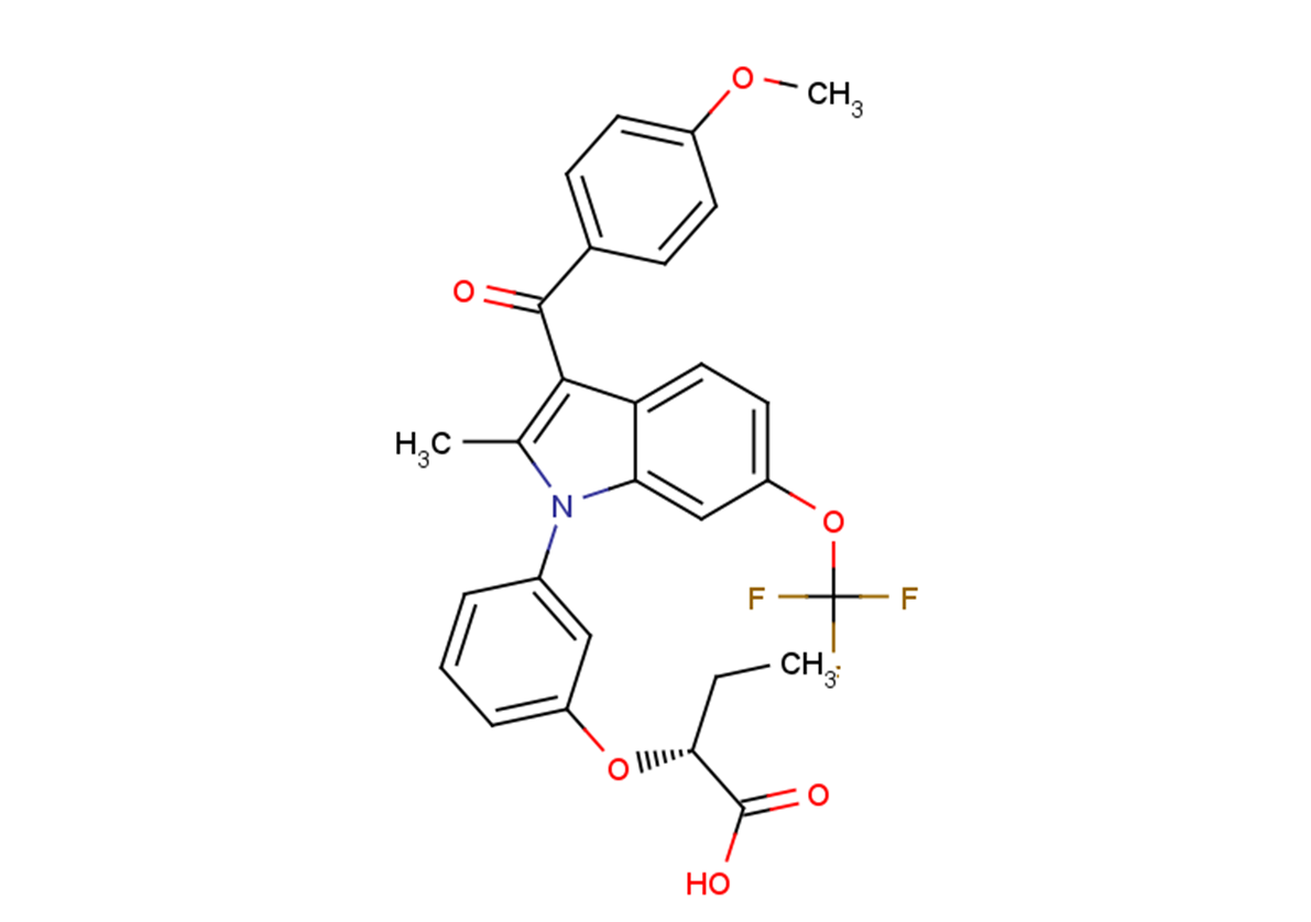 (2R)-2-{3-[3-(4-Methoxybenzoyl)-2-methyl-6-(trifluoromethoxy)-1H- indol-1-yl]phenoxy}butanoic acid Structure