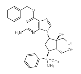 [(1S,2S,3S,5S)-5-(2-Amino-6-(benzyloxy)-9H-purin-9-yl]-3-(dimethyl(phenyl)silyl)-1-hydroxycyclopentane-1,2-diyl)dimethanol structure