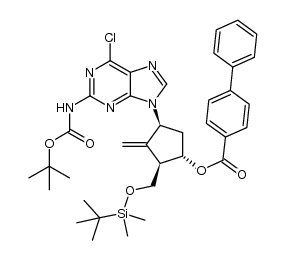 9-[(1S,3R,4S)-3-(tert-butyldimethylsilyloxymethyl)-4-(biphenyl-4-formyloxy)-2-methylene-cyclopentyl]-6-chloro-9H-purine-2-carbamic acid tert-butyl ester结构式