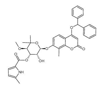 (3R,4S,5R,6R)-6-((4-(benzhydryloxy)-8-methyl-2-oxo-2H-chromen-7-yl)oxy)-5-hydroxy-3-methoxy-2,2-dimethyltetrahydro-2H-pyran-4-yl 5-methyl-1H-pyrrole-2-carboxylate结构式