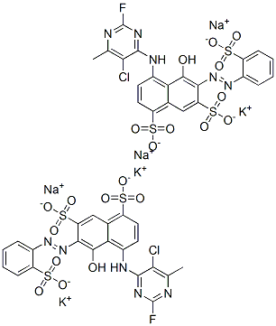 4-[(5-chloro-2-fluoro-6-methyl-4-pyrimidinyl)amino]-5-hydroxy-6-[(2-sulphophenyl)azo]naphthalene-1,7-disulphonic acid, potassium sodium salt structure
