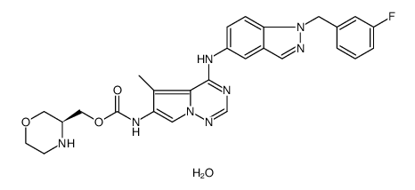 Carbamic acid, [4-[[1-[(3-fluorophenyl)methyl]-1H-indazol-5-yl]amino]-5-methylpyrrolo[2,1-f][1,2,4]triazin-6-yl]-, (3S)-3-morpholinylmethyl ester, monohydrate Structure