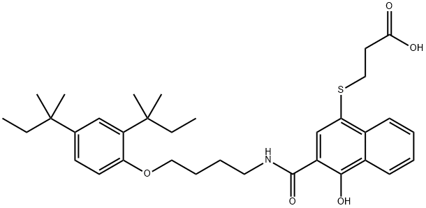 3-(3-(4-(2,4-bis(1,1-dimethylpropyl)phenoxy)butylaminocarbonyl-4-hydroxy-1-naphthalenyl)thio)propanoic acid Structure