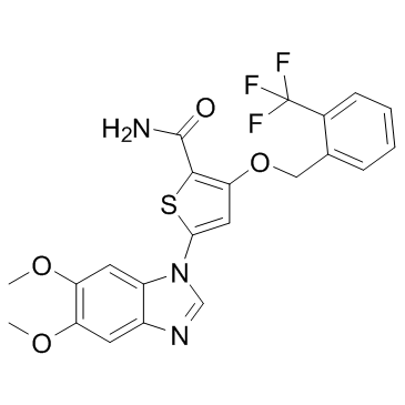 3-[2-(三氟甲基)苄氧基]-5-(5,6-二甲氧基-1H-苯并[d]咪唑-1-基)-2-噻吩甲酰胺结构式