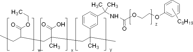聚[丙烯酸乙酯-co-甲基丙烯酸-co-3-(1-异氰酸-1-甲基乙基)-α-甲基苯乙烯]结构式