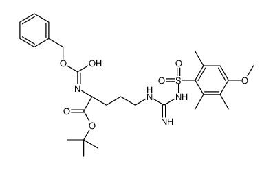 2-Methyl-2-propanyl N2-[(benzyloxy)carbonyl]-N5-{N-[(4-methoxy-2,3,6-trimethylphenyl)sulfonyl]carbamimidoyl}-L-ornithinate Structure