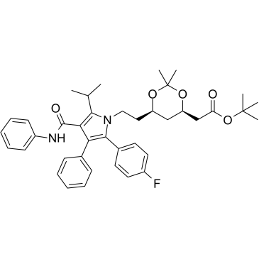 (4R,6R)-2-[6-[2-[2-(4-氟苯基)-5-异丙酯-3-苯基-4-(苯基氨甲酰基)吡咯-1-基]乙基]-2,2-二甲基-1,3-二恶烷-4-基]醋酸叔丁酯结构式