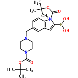 2-硼-5-[[4-[(1,1-二甲基乙氧基)羰基]-1-哌嗪基]甲基]-1H-吲哚-1-羧酸-1-(1,1-二甲基乙基)酯结构式