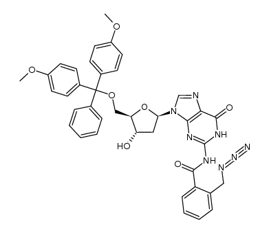 2-(azidomethyl)-N-(9-((2R,4S,5R)-5-((bis(4-methoxyphenyl)(phenyl)methoxy)methyl)-4-hydroxytetrahydrofuran-2-yl)-6-oxo-6,9-dihydro-1H-purin-2-yl)benzamide结构式