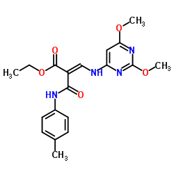 ethyl (E)-3-[(2,6-dimethoxypyrimidin-4-yl)amino]-2-[(4-methylphenyl)ca rbamoyl]prop-2-enoate structure