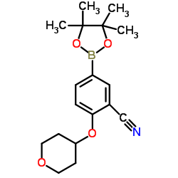 2-((四氢-2H-吡喃-4-基)氧基)-5-(4,4,5,5-四甲基-1,3,2-二氧硼杂环戊烷-2-基)苯甲腈结构式