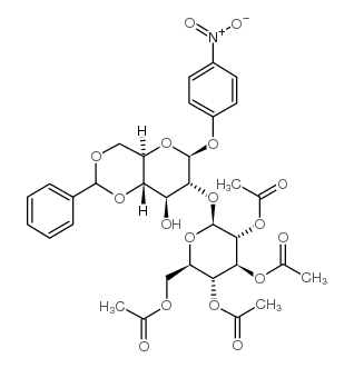 4-硝基苯基-2-O-(2,3,4,6-四-乙酰基-α-D-吡喃甘露糖苷)-4,6-O-苄叉-β-D-吡喃葡萄糖苷结构式