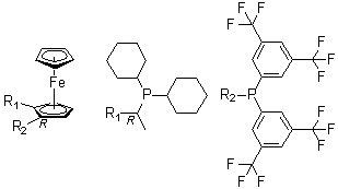 (R)-(-)-1-{(S)-2-[Bis(3,5-di-trifluoromethylphenyl)phosphino]ferrocenyl}ethyldicyclohexylphosphine structure