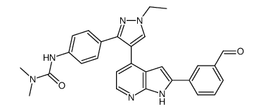 N'-(4-{1-ethyl-4-[2-(3-formylphenyl)-1H-pyrrolo[2,3-b]pyridin-4-yl]-1H-pyrazol-3-yl}phenyl)-N,N-dimethylurea结构式