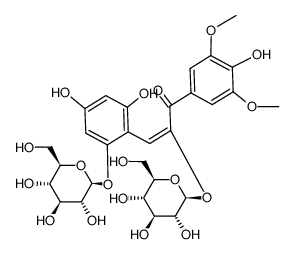 (E)-3-(2,4-dihydroxy-6-(((2S,3R,4S,5S,6R)-3,4,5-trihydroxy-6-(hydroxymethyl)tetrahydro-2H-pyran-2-yl)oxy)phenyl)-1-(4-hydroxy-3,5-dimethoxyphenyl)-2-(((2S,3R,4S,5S,6R)-3,4,5-trihydroxy-6-(hydroxymethyl)tetrahydro-2H-pyran-2-yl)oxy)prop-2-en-1-one结构式