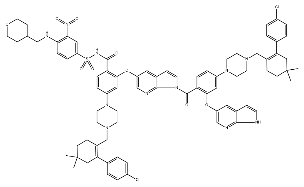 Benzamide, 4-[4-[[2-(4-chlorophenyl)-4,4-dimethyl-1-cyclohexen-1-yl]methyl]-1-piperazinyl]-2-[[1-[4-[4-[[2-(4-chlorophenyl)-4,4-dimethyl-1-cyclohexen-1-yl]methyl]-1-piperazinyl]-2-(1H-pyrrolo[2,3-b]pyridin-5-yloxy)benzoyl]-1H-pyrrolo[2,3-b]pyridin-5-yl]oxy]-N-[[3-nitro-4-[[(tetrahydro-2H-pyran-4-yl)... structure