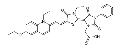 5-[5-[(6-ethoxy-1-ethyl-1H-quinolin-2-ylidene)ethylidene]-3-ethyl-4-oxothiazolidin-2-ylidene]-4-oxo-3-phenyl-2-thioxoimidazolidine-1-acetic acid Structure